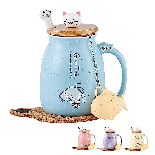 MengCat Taza Gato Linda Taza de café de cerámica con Tapa，Cuchara, Novedad Copa de la mañana Té Leche Navidad Jarra Regalo 380ML
