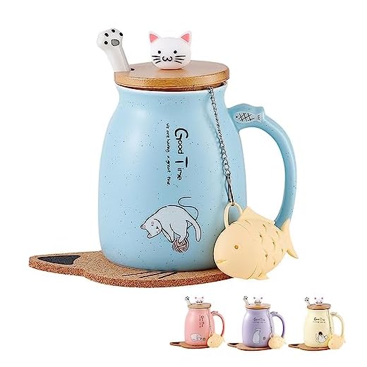 MengCat Taza Gato Linda Taza de café de cerámica con Tapa，Cuchara, Novedad Copa de la mañana Té Leche Navidad Jarra Regalo 380ML