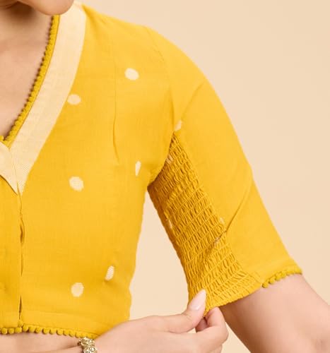 Image of Studio Shringaar Women's Mustard Yellow Handloom Cotton Stretchable (Smocked) Readymade Saree Blouse