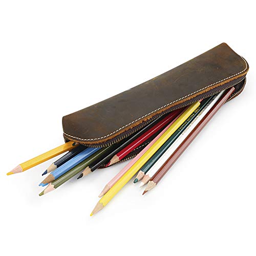 BestFire Vintage Leather Pencil Case, Pencil Bag Pouch with Zipper Pen Holder Handmade Genuine Leather Stationary Case for Students Businessmen and Artists Home Work Office - Thumbnail 4