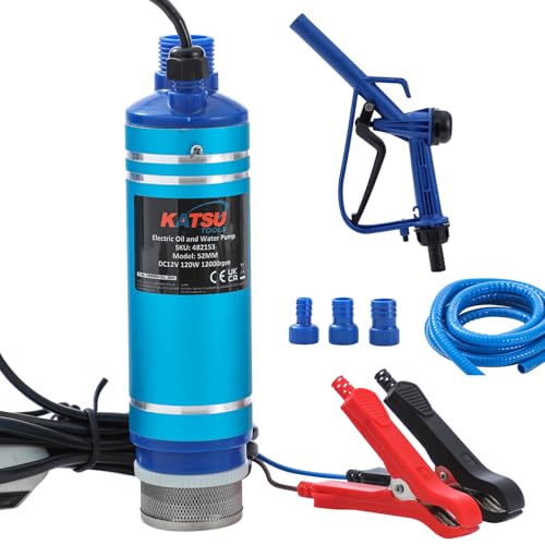 KATSU Tools Kit de pompe de transfert de carburant diesel 12 V 120 W (MAX), pompe à eau submersible portable en alliage d'aluminium avec pistolet distributeur et tuyau de 5 m