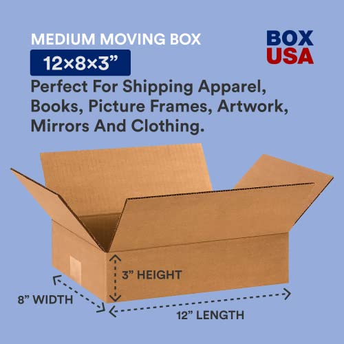 Image of BOX USA Shipping Boxes 12 inchL x 8 inchW x 3 inchH 25-Pack Flat Corrugated Cardboard Box for Packing, Moving and Storage