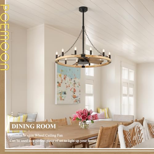 Image of Natural Wooden Wagon Wheel Chandelier Fans 12-Light 36 inch Fandelier