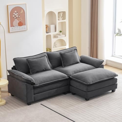 Image of Oprisen 86 inch Modular Sectional Sofa, Comfy Cloud Couch Sectional Sofa with Ottoman, Velvet Sofa Sleeper Deep Seat Sofa with Throw Pillows for Living Room (Blue Gray, 86 inch- L Shape)