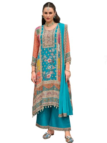 Image of INDO ERA Women's Pure Silk Printed Ethnic Motifs A-Line Kurta & Palazzo with Dupatta Set (IEOUT186)