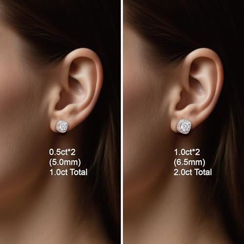 Ve Celestelle Moissanite Square Halo Stud Earrings 0.5-2CT D Color VVS1 Clarity Lab-Created 18K Gold Plated 925 Sterling Silver Hypoallergenic Earrings for Women Men Wedding Valentine’s Gift (White Gold, 2 carats-(1ct*2)-10mm) — view 4