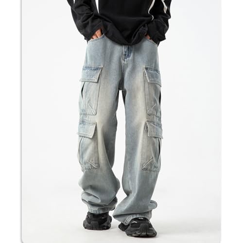 EnllerviiD Men's Baggy Cargo Jeans Relaxed Straight Fit Work Jeans Hip Hop Skater Denim Pants with Multi-Pockets2