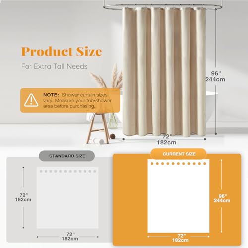 BTTN Extra Long Fabric Shower Curtain, 96 Inch Linen Textured Heavy Duty Cloth Shower Curtain Set with 12 Plastic Hooks, Large Hotel Luxury Polyester Shower Curtains for Bathroom(72"x96", Beige/Cream) - Image 4