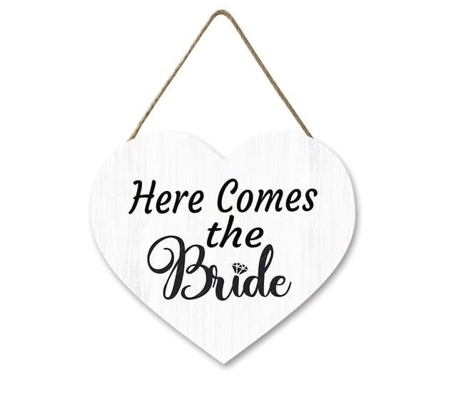 Horienteeon Here Comes The Bride Wooden Heart Shaped Sign Rustic Wedding Decoration Sign,Wedding Flower Girl Ring Bearer Sign Wedding Signs for Ceremony Engagement Props Bride Sign 30×27cm