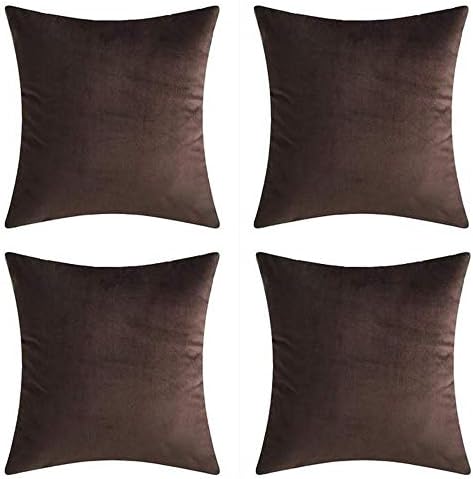 Andreannie Set of 4 Velvet Super Soft Comfortable Solid Decorative Throw Pillow Cover Cushion Case for Sofa Living Room 18 inches Square (Brown, 18"x18")