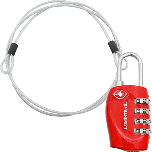 Lumintrail TSA Approved Locks, 4 Digit Combination Luggage Locks TSA Approved, Travel Locks for Luggage & Suitcase with 4-FT Steel Cable, Red, 1 Pack