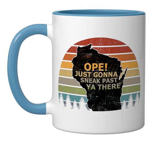 Funny Ope Just Gonna Sneak Past Ya Wisconsin Retro Sunset Ceramic Mug, Blue/White