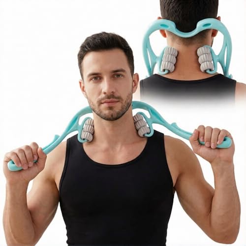 Image of 5th Generation Neck and Shoulder Massager, 6-Wheel Dual Pressure Trigger Point Manual Massager, 360 Rotatable Deep Tissue Roller, Turquoise