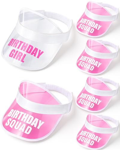 Jecery Girl Birthday Hat Sun Visors Bulk 6/12 Pcs Women Crew Squad Hat Plastic Clear Beach Adjustable Cap Headwear for Party(White and Pink,6 Pcs)