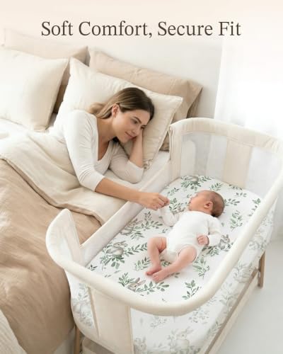 Image of Bedside Bassinet Sheets 2 Pack, 33 x 20 Fitted Bedside Sleeper Sheets, Ultra Soft Breathable Polyester, Ideal for Baby Girl or Boy and Newborns (Bunny Meadow, Bedside Sleeper Sheet)