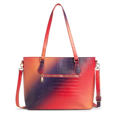 Image of Caprese Marilyn Large Tote Bag for Women | Multi-Color Ombre Croc Pattern Handbag with Flower Charm & 2 Specius Compartment | Adjustable & Detachable Strap Shoulder Bag for Travel & Office Use (Red)