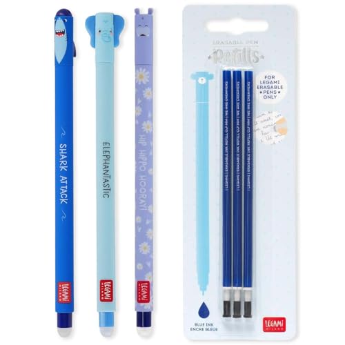 LEGAMI - Set of 3 Erasable Gel Pens + 3 Blue Refills, with Thermosensitive Erase Ink, 0.7mm Tip, Shark, Elephant, & Hippo Design