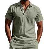 [Zon Smaids] ポロシャツ t シャツ トップス V ヘンリー ネック 半袖 サテン 綿 麻 リネン 風 襟 メンズ (グリーン, M)