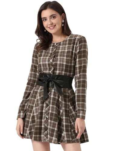 Allegra K Women's Plaids Long Sleeves Button Down Belted Party Mini A-Line Shirt Dress Brown S