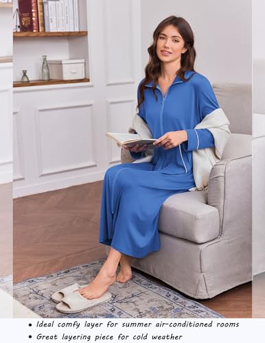 Image of Ekouaer Zipper Robes for Women Long Sleeve Lightweight House Coats with Pockets Zip Up Bathrobe Loungewear S-3XL
