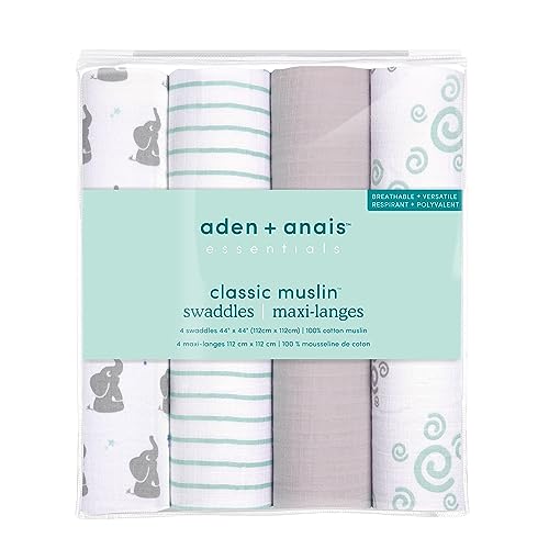 Image of aden + anais Essentials Muslin Swaddle Blankets for Baby Girls and Boys, Newborn Receiving Blanket for Swaddling, 100% Cotton Baby Swaddle Wrap, 4 Pack, Baby Star-Elephants