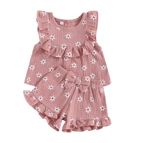 Carolilly - Carolilly Ensemble de Vêtement d'Eté Bébé Fille 2 Pièce Top Coton et Lin Sans Manches à Volants + Short Fleur (Rose, 18-24 Months) - -45%