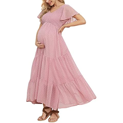 Swiss Dot Smocked Maternity Dress for Baby Shower Photoshoot Casual V Neck Ruffle Sleeve Empire Waist Tiered Boho Dress, Pink, Large Cover