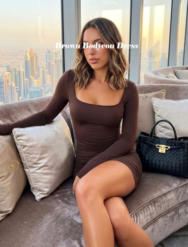 Image of OZICERD Long Sleeve Square Neck Bodycon Mini Dresses for Women Cute Ruched Cocktail Party Club Going Out Dress