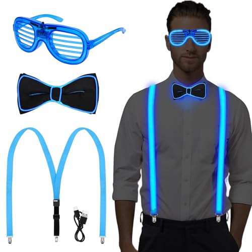 Hysagtek Leuchtende Herren-Hosenträger Set - 3 Stück Verstellbar Mit LED-Fliege Und Brille - 3 LED-Modi Für Kostümparty Und Maskerade