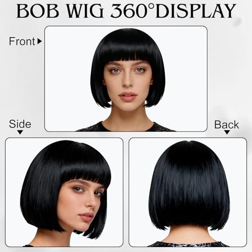 Image of MEEZY 2 Pcs Neon Bob Wigs with Bangs Black White for Women Colorful Fun Wig Short Bob Hair with Heart Sunglasses Hair Cap for Halloween Costume Cosplay Photography Birthday Bachelorette Party Carnival