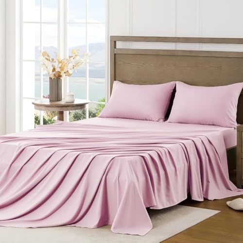 FreshCulture Queen Sheet Set - Ultra Soft Sheets for Queen Size Bed - Brushed Microfiber - Deep Pockets - Easy Care - Cooling & Breathable - 4 Pieces Hotel Luxury Queen Bed Sheets (Dusty Pink)