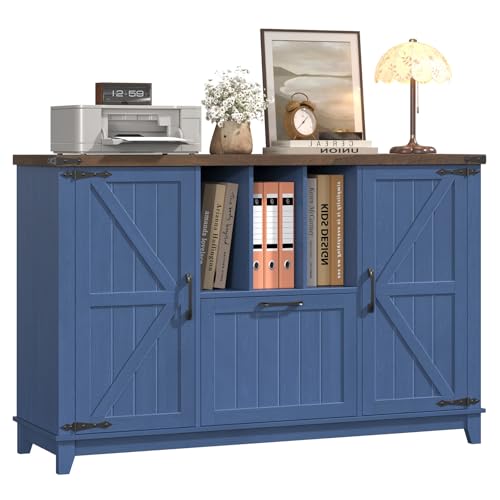 Vabches Buffet Cabinet with Storage, 47.2" Kitchen Sideboard Buffet with Large Drawer, Modern Farmhouse Coffee Bar Station with Shelves, Barn Doors Storage Cabinet for Living Room (Navy Blue)