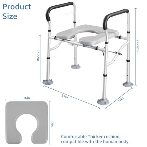 Raised Toilet Seat 400lbs, Toilet Seat Risers for Seniors, Handicap Elevated Toilet Seat with Handles & Padded Seat, Commode Chair with Adjustable Height & Width, for Elderly, Pregnant, Fit Any Toilet