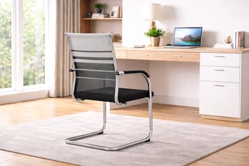 Image of TOBY Home and Office, Mesh Visitor Chair with Arms, Metal Sled Base Office Guest, Breathable Backrest & Cushioned Seat, Waiting Room /Conference /Reception Chair, Heavy Duty Modern Design