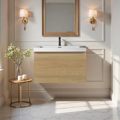 Image of 24'' Floating Bathroom Vanity with Sink, Wall-Mounted Bathroom Storage Cabinet with Soft-Close Striped Drawer & Solid Surface Basin, Modern Natural Oak Body with Internal Handle, Wood
