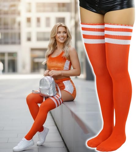 Image of ToBeInStyle Women's Heavyweight Knit Thigh High Long Socks w /Contrast 3 Stripe Top Band