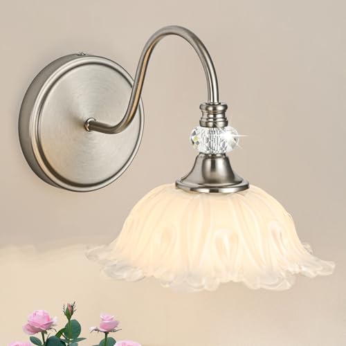 Image of 1 Piece Brushed Nickel Wall Sconce with Floral White Glass Shade, Brushed Nickel Finish Wall Mount Lighting for Bathroom, Modern Bathroom Vanity Light Fixture