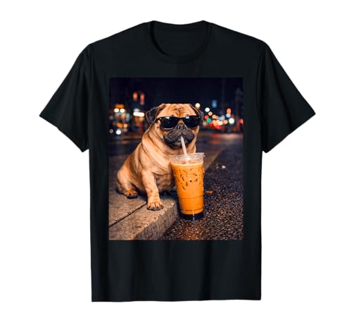 Pug Dog Drinking Iced Coffee Meme Funny Animal for Men Women T-Shirt
