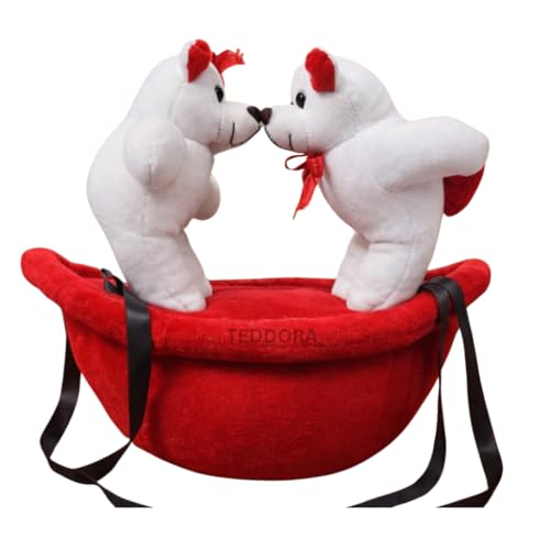 Image of Teddy Bear Couple on Boat Soft Toy for Girls Boys Kids, Heart Plush Stuffed Baby Gift Birthday, 28 cm