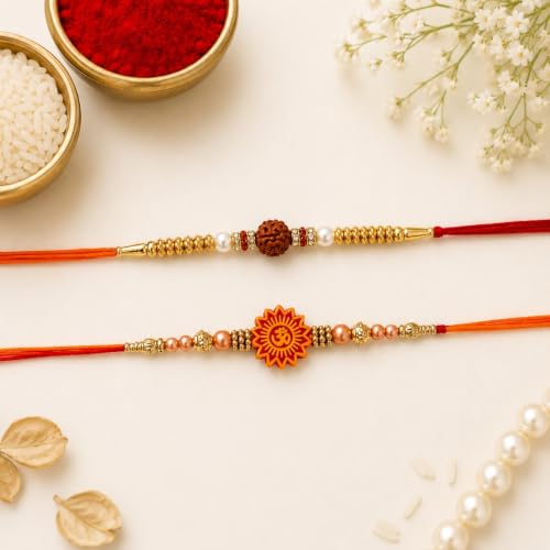 Image of eCraftIndia Set of 2 Om & Rudraksha Rakhis with Roli Pack - Rakhi for Brother