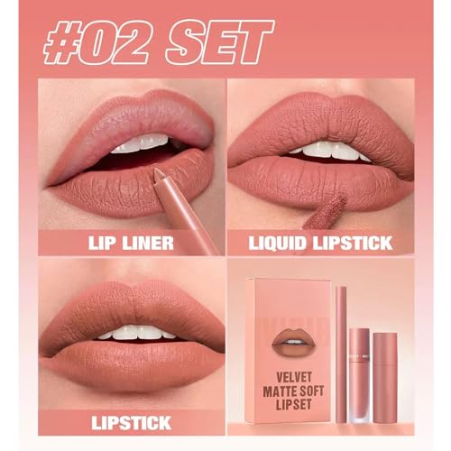 Image of Matte Lip Liner Lip Stick Lip Oil Set, Lip Makeup Set Natural Smooth Long-Lasting And Hydrating Beauty Daily Cosmetics Gift for Girls Easy-to-Use(#02)