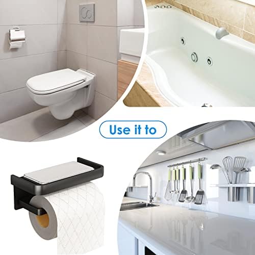 Black Toilet Roll Holder, Space Aluminum Toilet Paper Holder with Shelf, Self Adhesive Toilet Roll Holder Wall Mounted, Tissue Holder Bathroom Kitchen Accessories (Black)