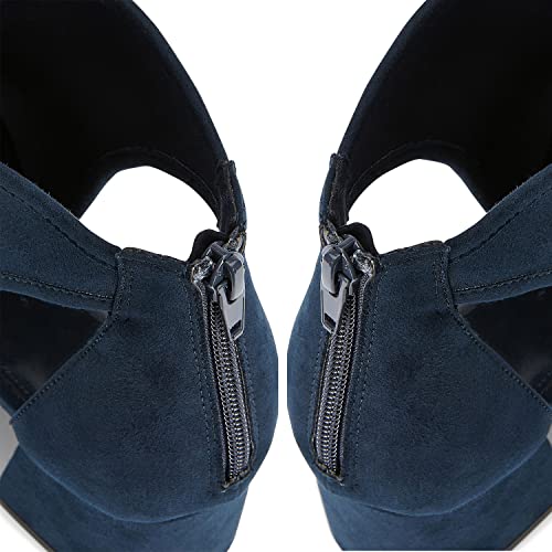 Lehoor Women Chunky High Heel Booties Suede Open Toe Side Cut-Out Ankle Boots Back Zipper Suede 2” Block Stacked Heel Summer Office Dress Heeled Ankle Sandal Booties Casual Suede Blue Size 9.5 #TOP4