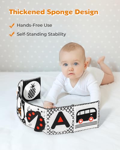 Image of Melican Black and White High Contrast Baby Toys 0-6 6-12 Months, Soft Book with Teether, Newborn Infants Tummy Time Toys, 0-3 3-6 Month Sensory Visual Stimulation, Montessori Learning Essentials