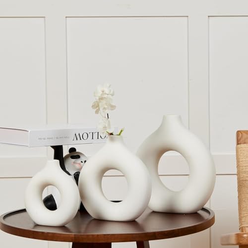 Image of Amazon Basics Hand Crafted Ceramic Donut Shaped Vase with Pampas Grass | for Unique Home Decor (Pack of 3), White