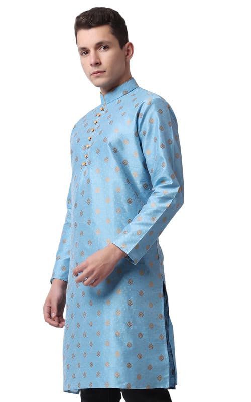 royal kurta Men's Sky Blue Color Jacquard Silk Printed Long Kurta-picture-12