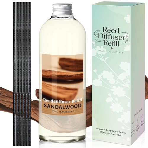 Image of STRN Sandalwood Reed Diffuser Refill 500ml with 6 Natural Reed Sticks, Premium Aromatherapy for Home, Long-Lasting Fragrance for Living Room, Bedroom, Office | Alcohol-Free