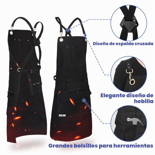 Miniatura 3 de Qeelink Mandil De Soldador Ignifugo Para Hombre Con 10 Bolsillos, Delantal De Trabajo De Lona Reforzado, Delantal Carpintero Ajustable De M A Xxxl Para Soldadura, Herrero