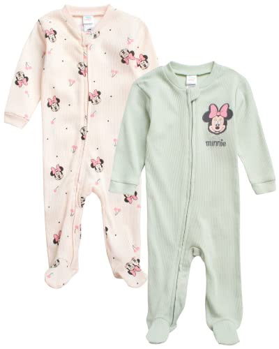 Image of Disney Baby Girls' Minnie Mouse Romper - 2 Pack Footed Bodysuit Coveralls (0-9M)