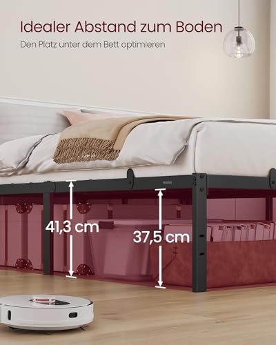 VASAGLE Bett 140 x 200 cm, Gästebett mit Aufbewahrungsregalen, Doppelbett, Bettgestell aus Metall, Bettrahmen, Metallbett, einfache Montage, klassikschwarz RMB094B01